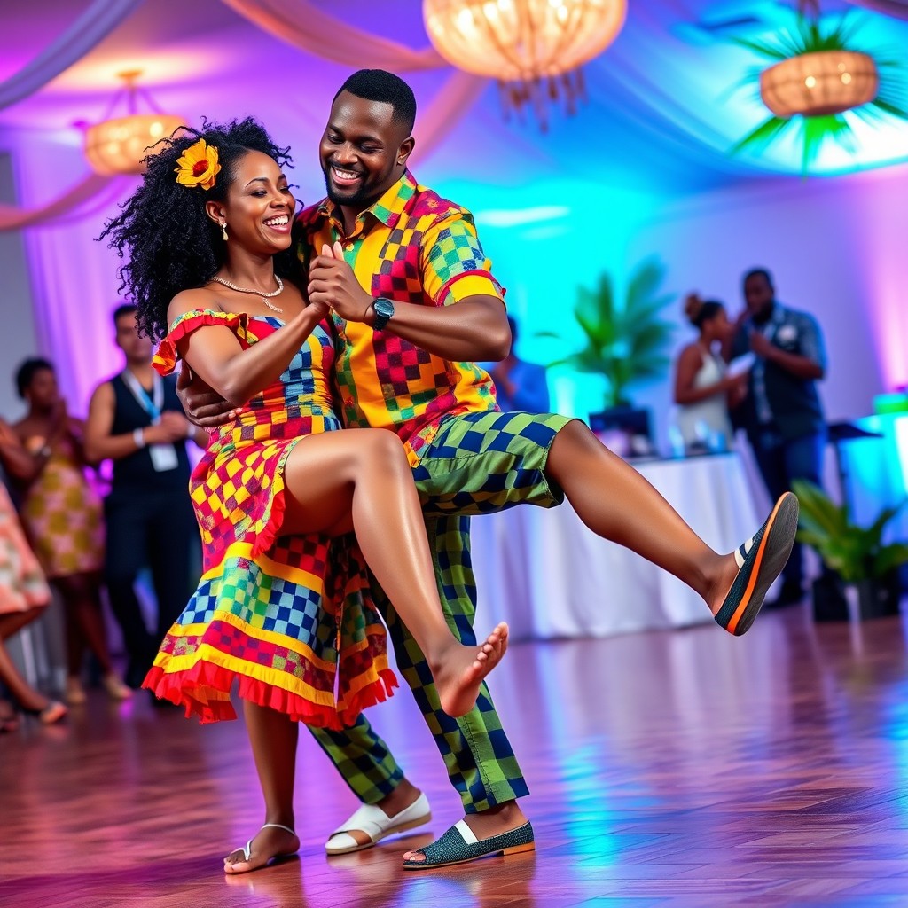 A lively couple dressed in vibrant madras fabric outfits, joyfully performing a dance with intricate leg movements
