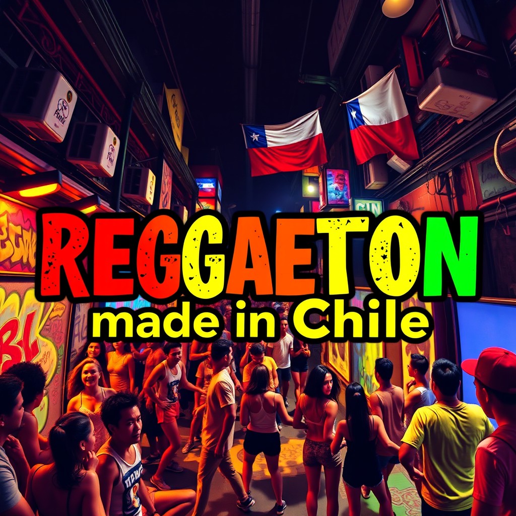 An eye-catching cover for a reggaeton playlist titled 'Reggaeton made in Chile'