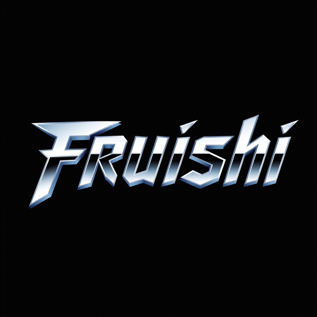 A dynamic logo design featuring the word 'Fruishi' in bold silver chrome Tokyo-style lettering