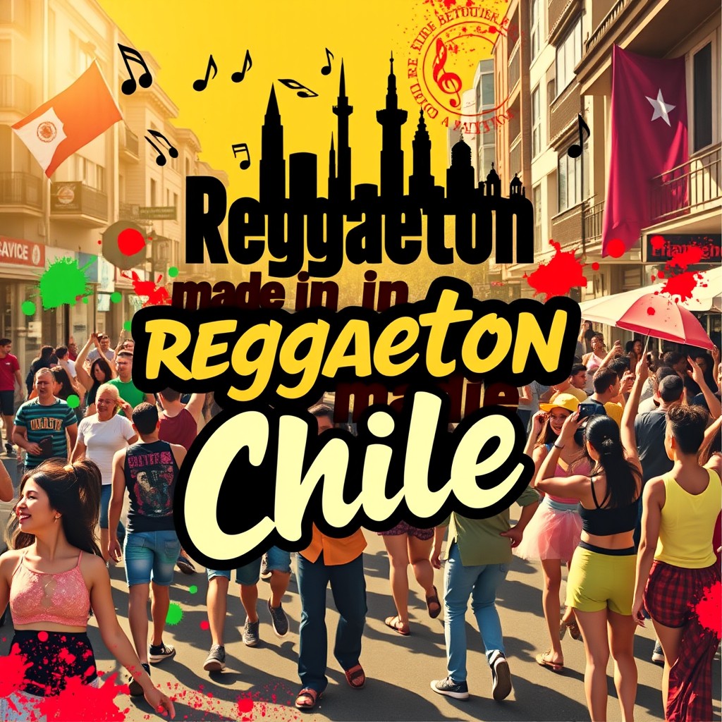 An energetic cover for a reggaeton playlist titled 'Reggaeton made in Chile'