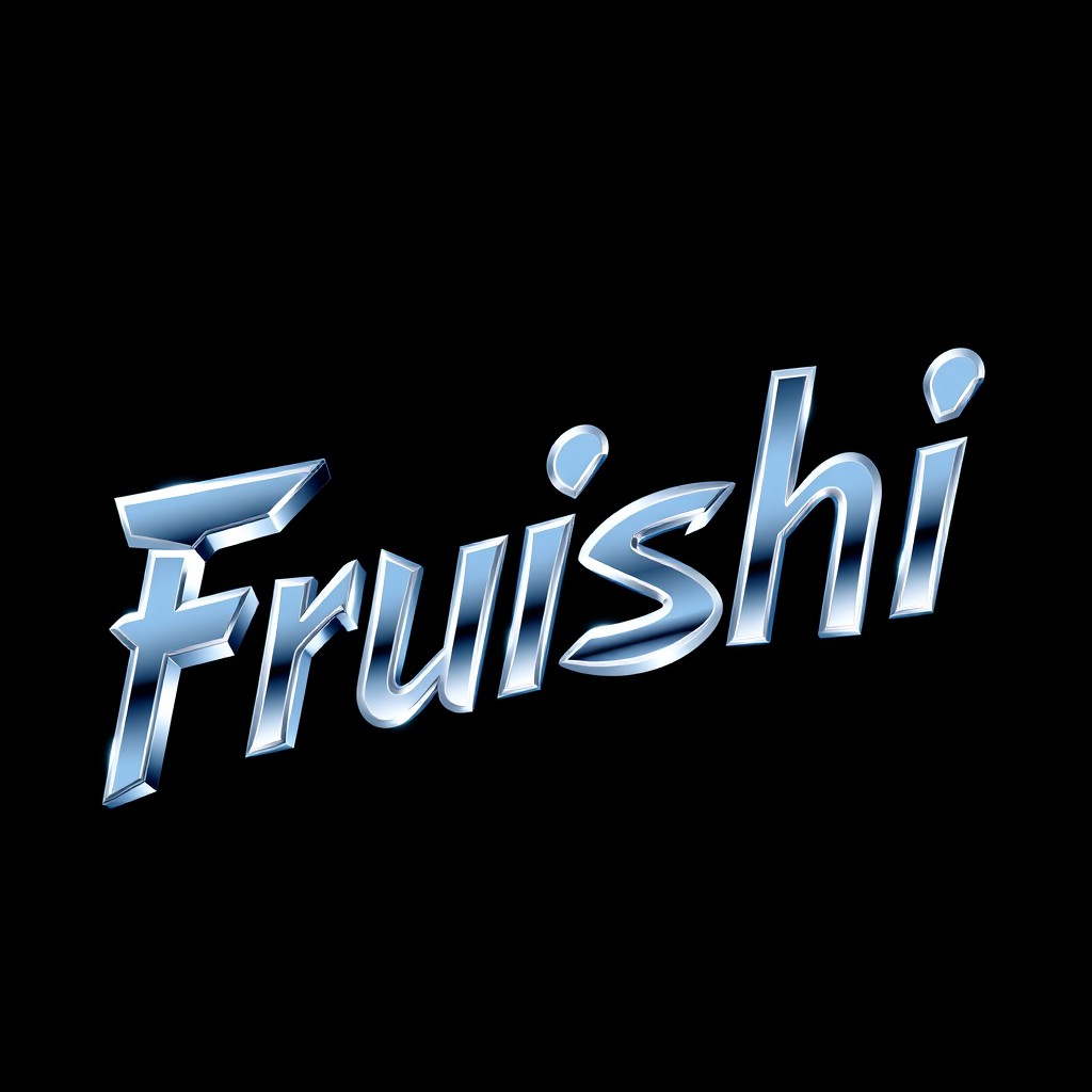 A vibrant and modern logo design featuring the word 'Fruishi' in unique silver chrome Tokyo-style lettering