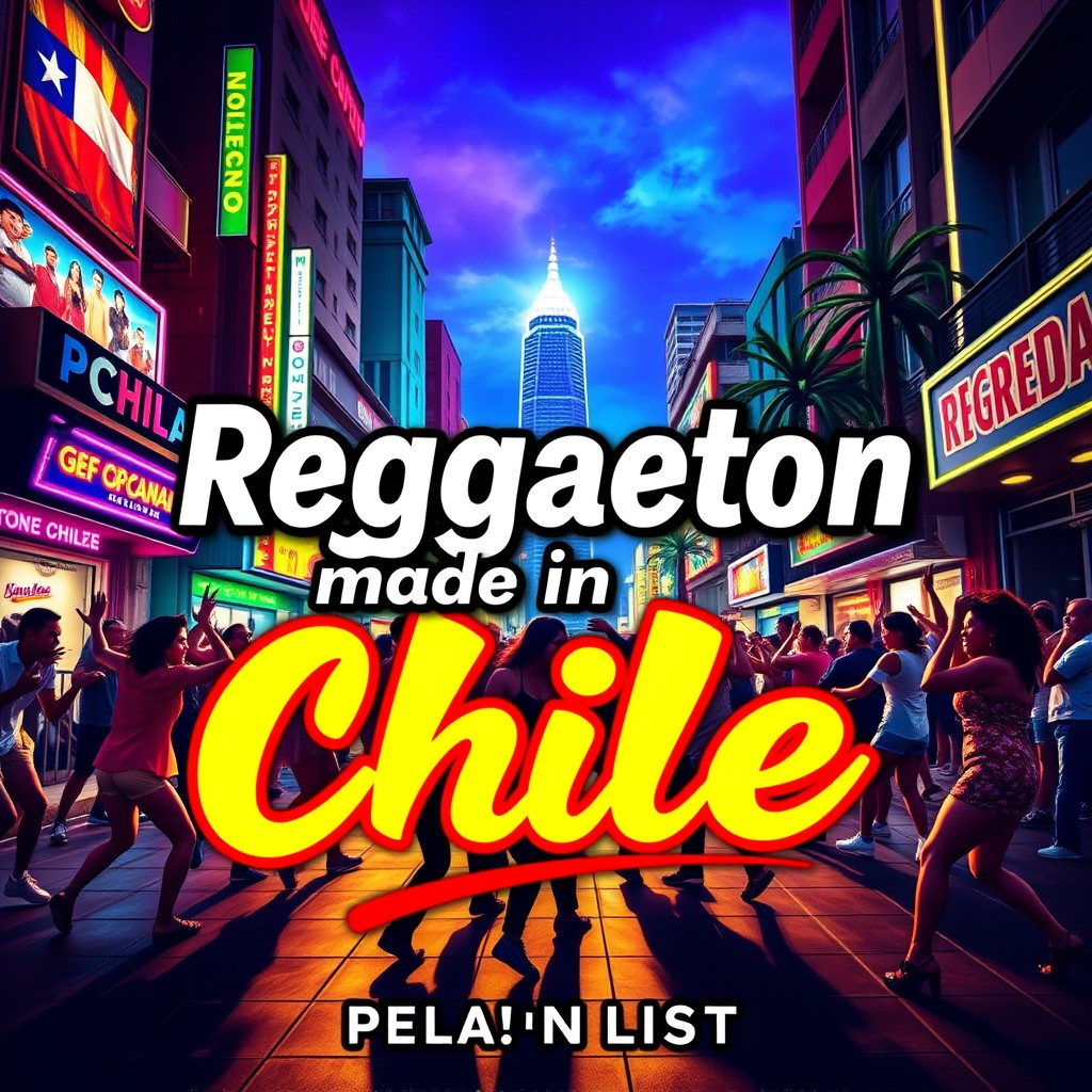 A vibrant and energetic cover for a reggaeton playlist titled 'Reggaeton made in Chile'
