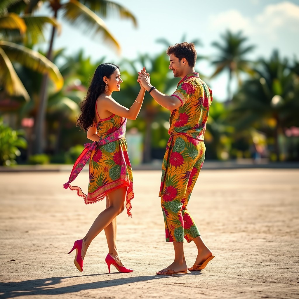 A couple standing apart, each dressed in vibrant madras fabric outfits, gracefully executing dance steps with their feet