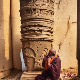 Generate an image of Ramu devoutly worshiping at the ancient, powerful pillar, indicating reverence and daily commitment.