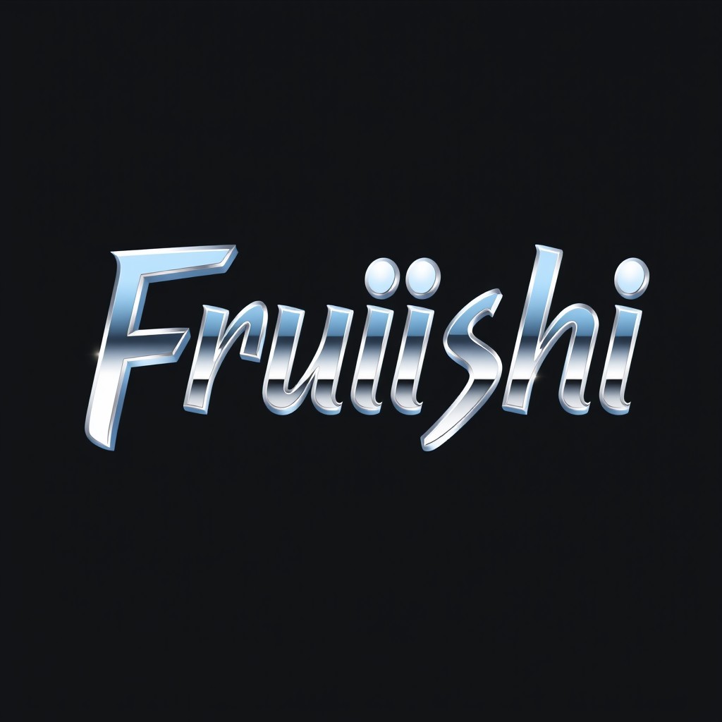 A modern and vibrant logo design featuring the word 'Fruishi' in striking silver chrome Tokyo-style lettering