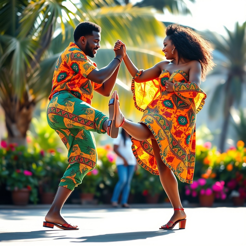 A distant yet connected couple of Caribbean descent, each dressed in vibrant madras fabric, performing traditional bèlè dance steps with their feet