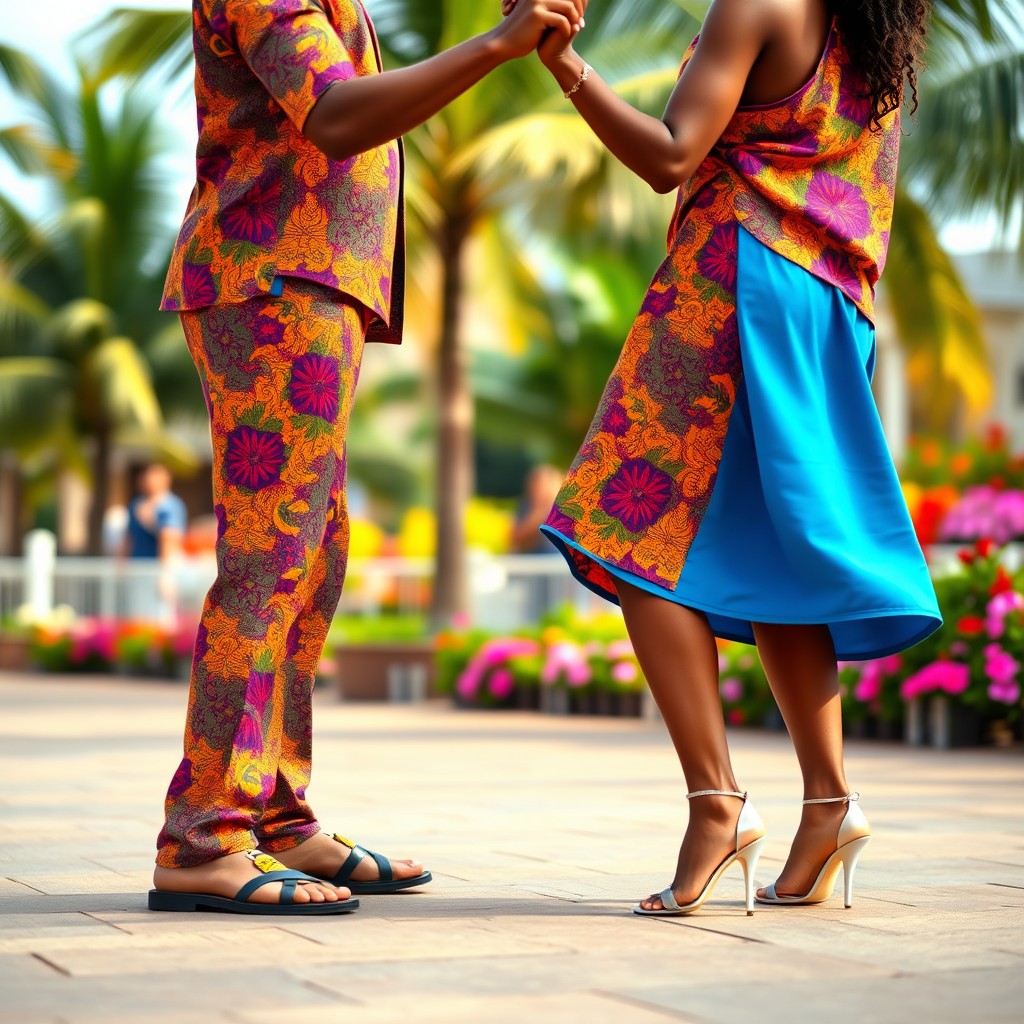 A Caribbean couple standing at a distance from each other, both elegantly dressed in bright madras fabric outfits, engaging in a lively dance where they express themselves through intricate foot movements