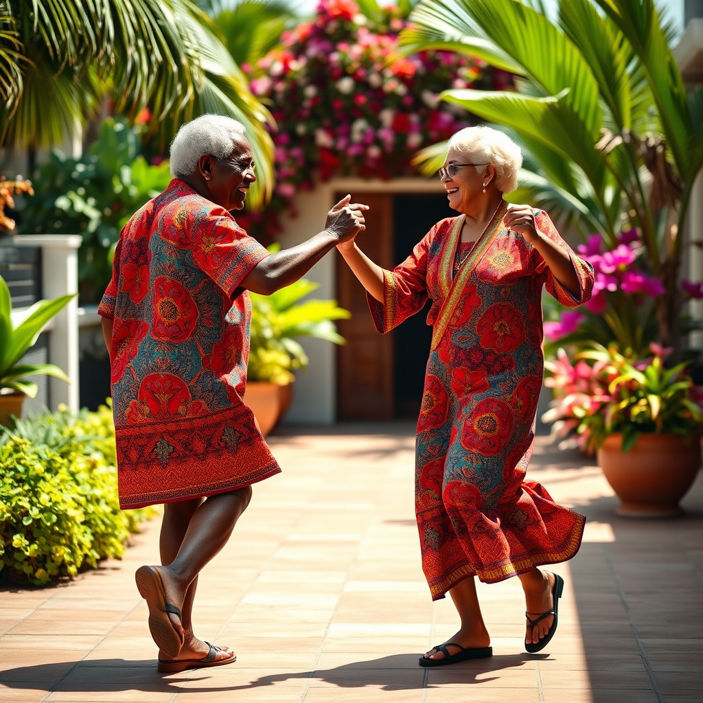 An elderly Caribbean couple dancing at a distance from each other, both elegantly dressed in bright madras fabric outfits, showcasing their love for traditional dance through intricate foot movements