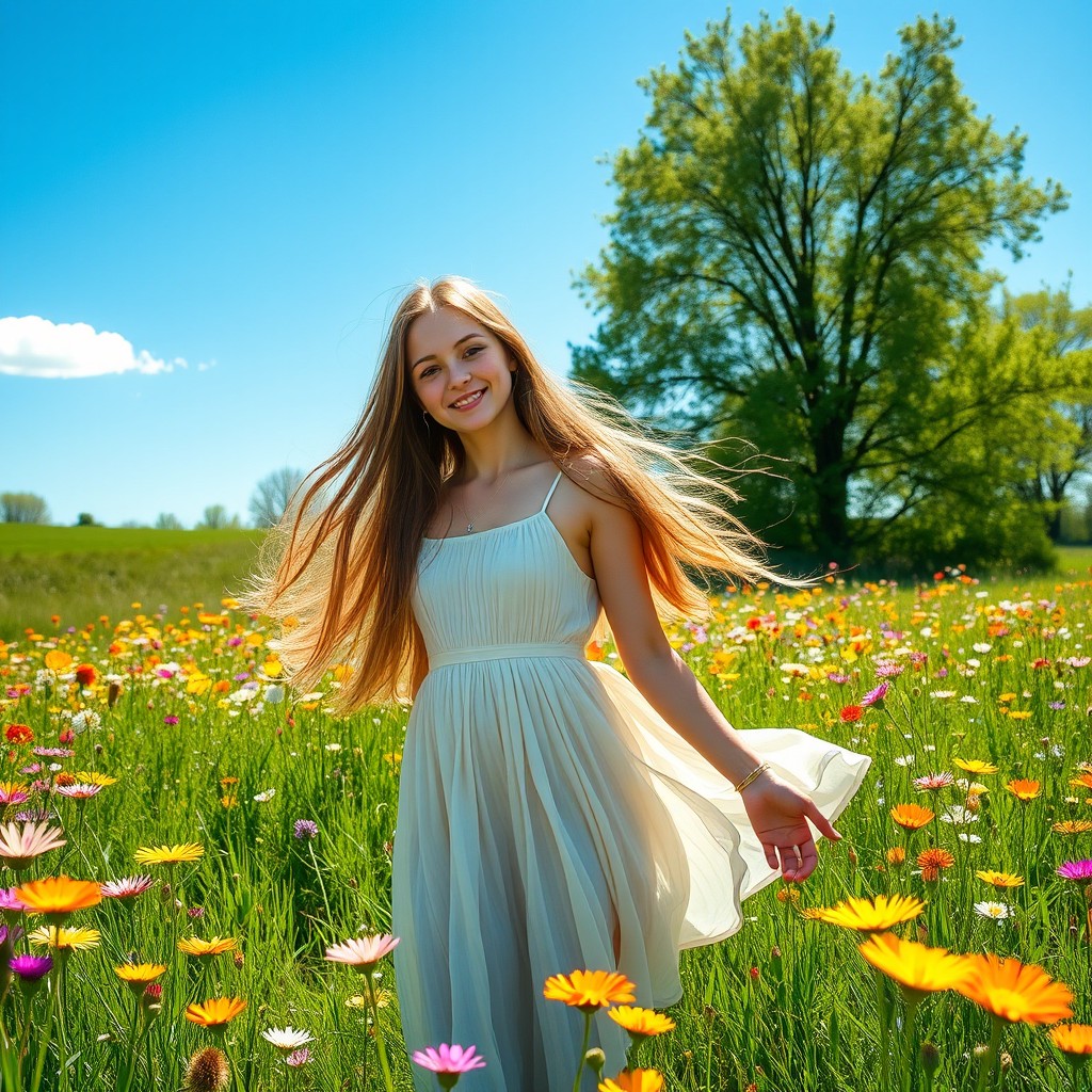 A beautiful young woman standing in a vibrant spring meadow, surrounded by blooming wildflowers of various colors