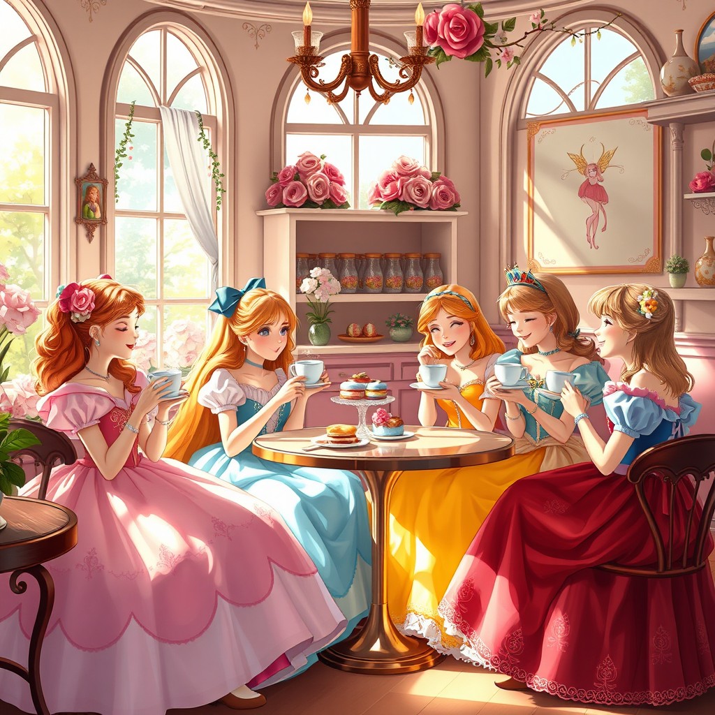 A whimsical and enchanting scene featuring a group of girls dressed as princesses, each with a unique and colorful gown, happily enjoying coffee together in a cozy, fairy-tale-themed café