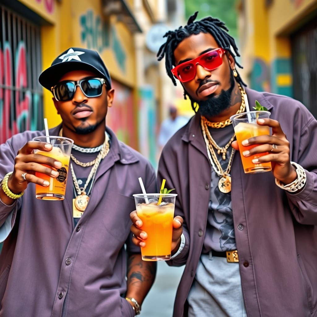 Two gangsta rappers enjoying a moment together, each holding a plastic cup filled with rum and tropical juice