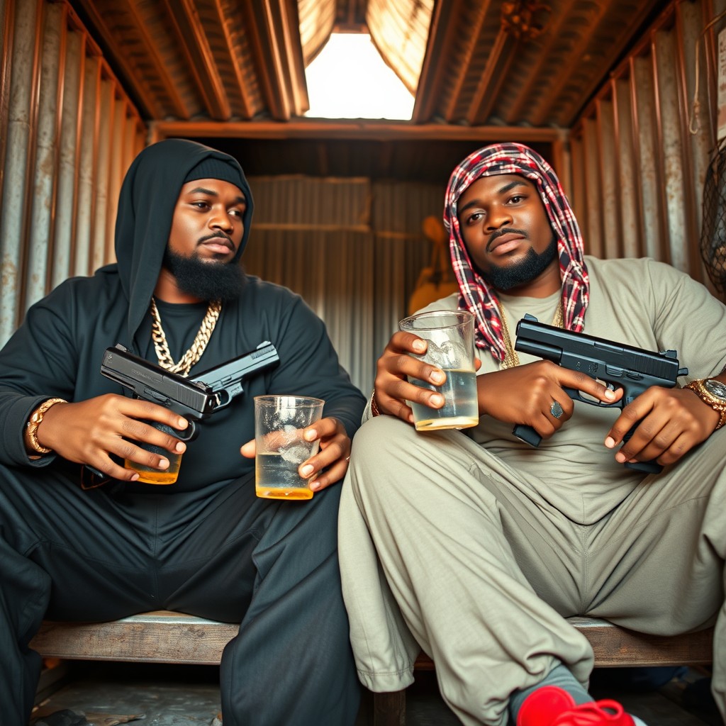 Two gangsta rappers wearing durags and holding pistols casually sit in a corrugated metal house, showcasing a gritty and authentic urban lifestyle