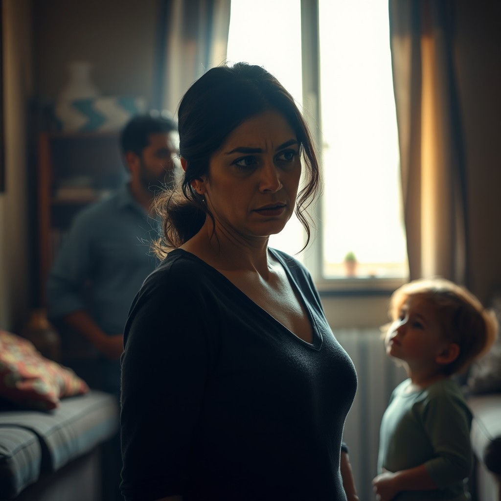 A tumultuous emotional scene showing a mother standing in the foreground, deep in thought with a conflicted expression
