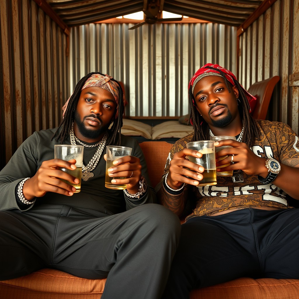 Two gangsta rappers with durags and holding pistols, lounging in a corrugated metal house