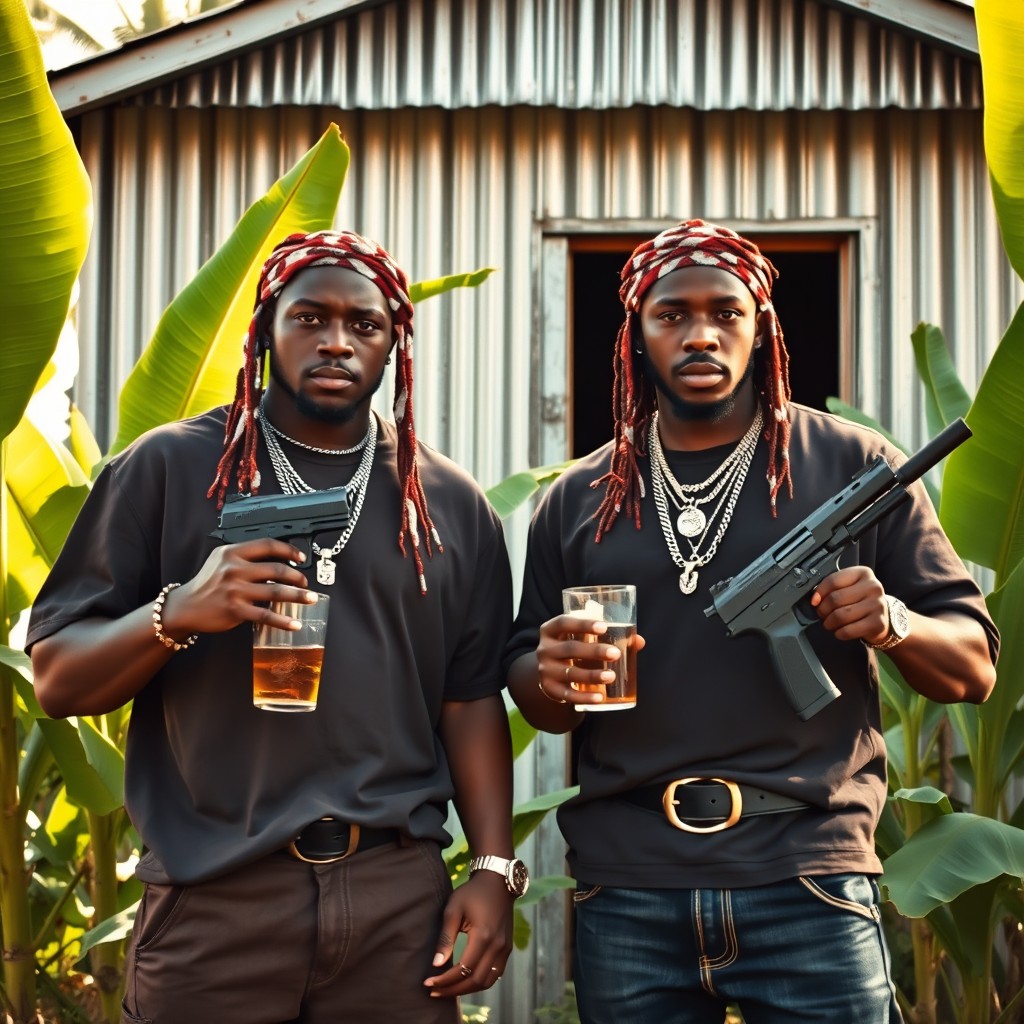 Two gangsta rappers wearing durags and holding pistols stand confidently in front of a corrugated metal house, set in a vibrant banana field