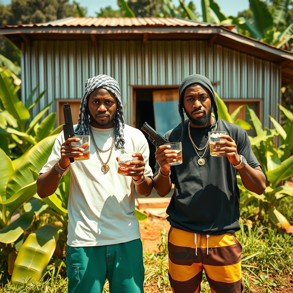 Two gangsta rappers wearing durags and holding pistols stand confidently in front of a corrugated metal house located amidst a vibrant banana field