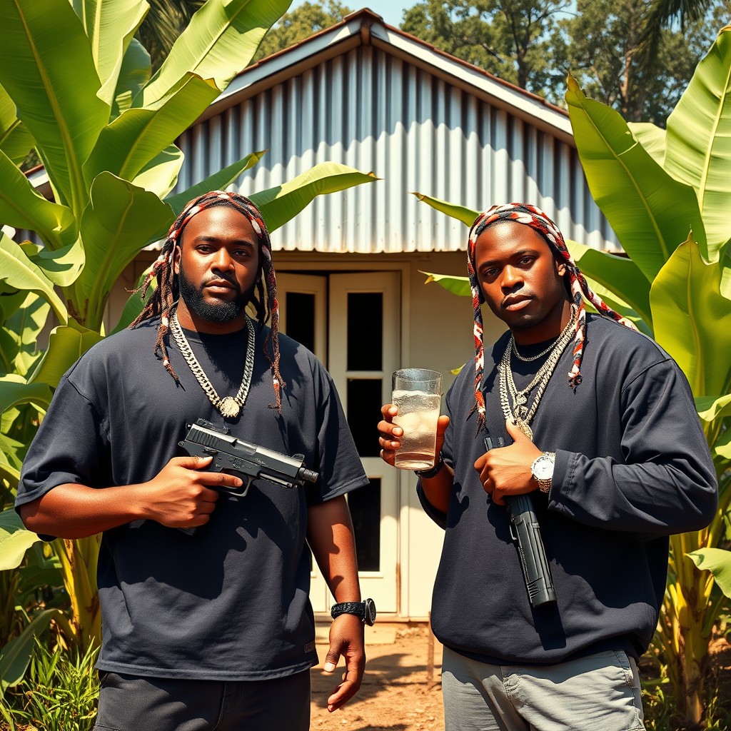 Two gangsta rappers wearing durags and holding pistols stand confidently in front of a corrugated metal house located in a vibrant banana field