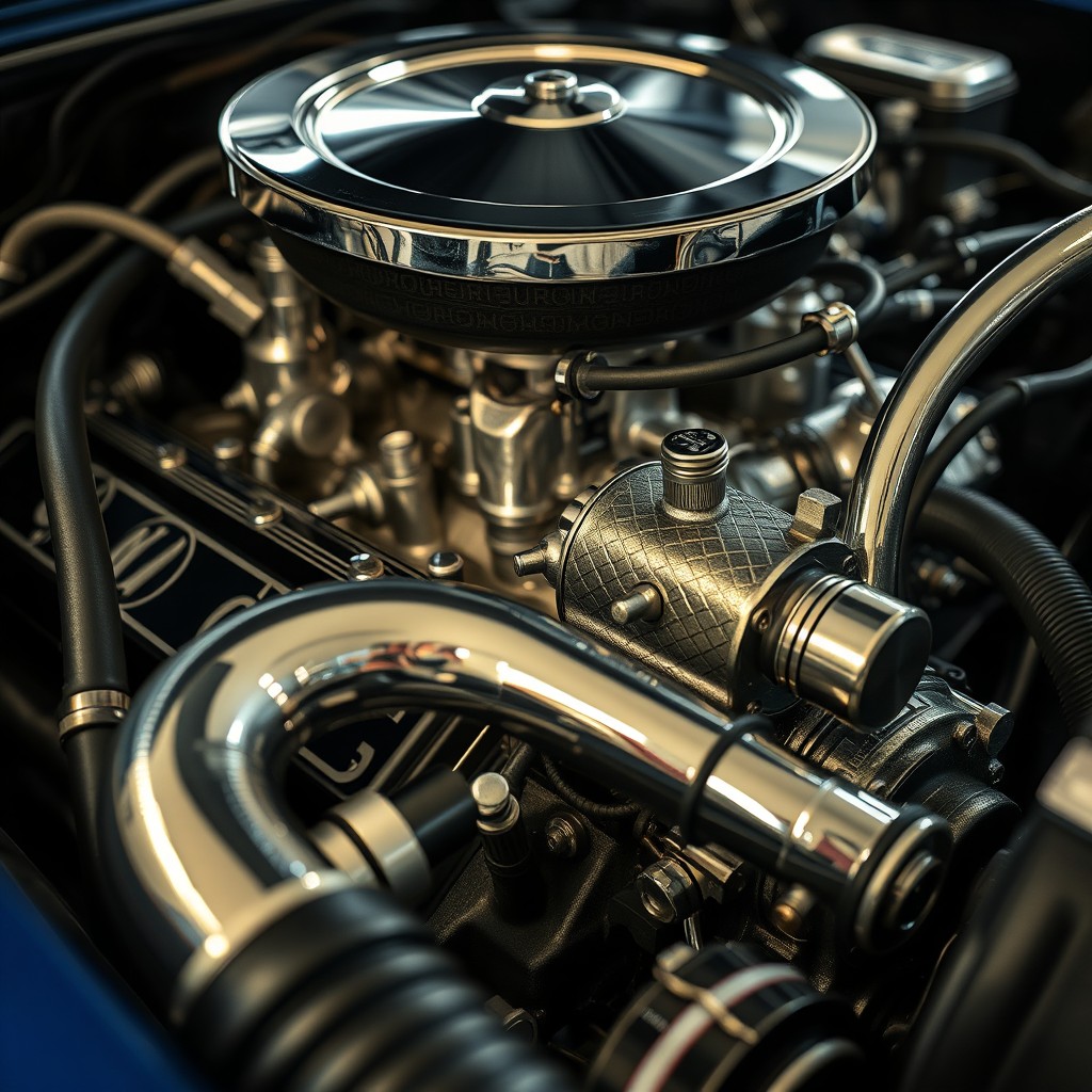 A detailed close-up of a car engine, showcasing its intricate components with shiny metallic parts, hoses, and wires
