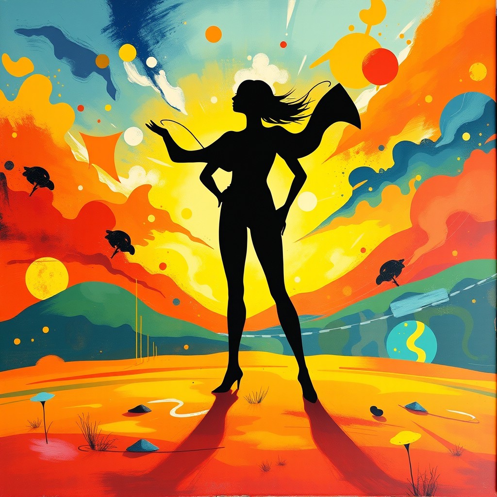 A stunning modern art piece featuring a striking silhouette of a figure in a bright, colorful landscape