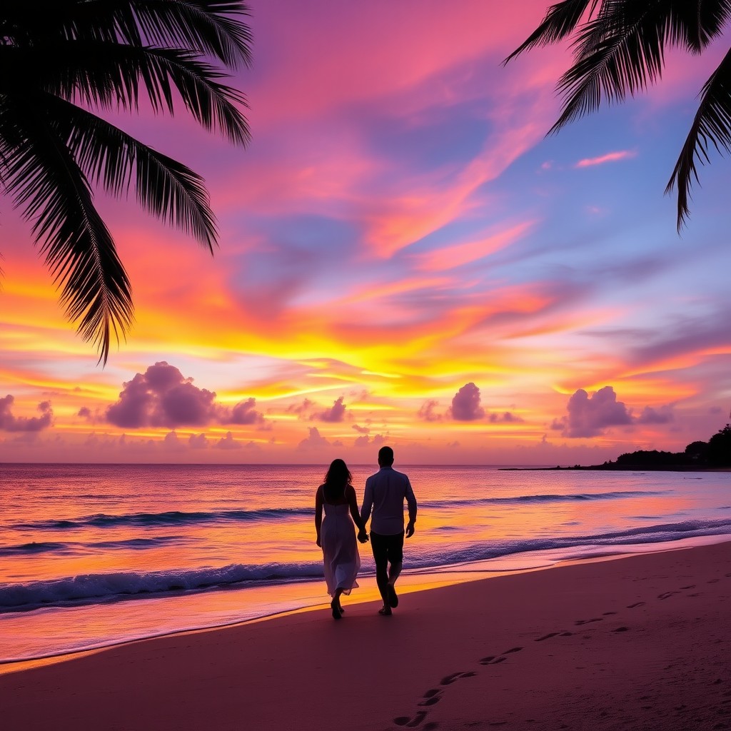 A vibrant sunset over a serene beach, with the sky painted in shades of orange, pink, and purple