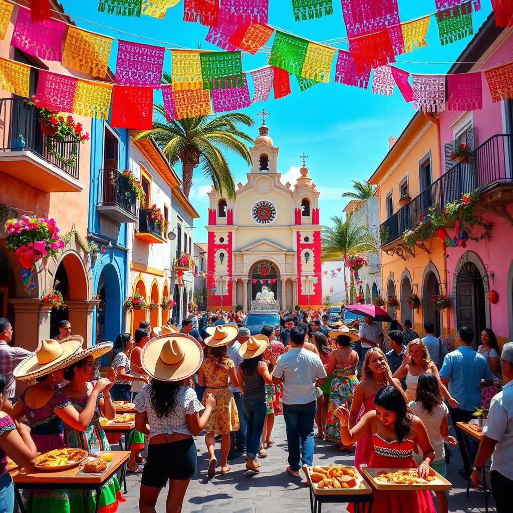 A bright and colorful image of a lively fiesta in a picturesque town square in Mexico, featuring vibrant papel picado hanging from the buildings