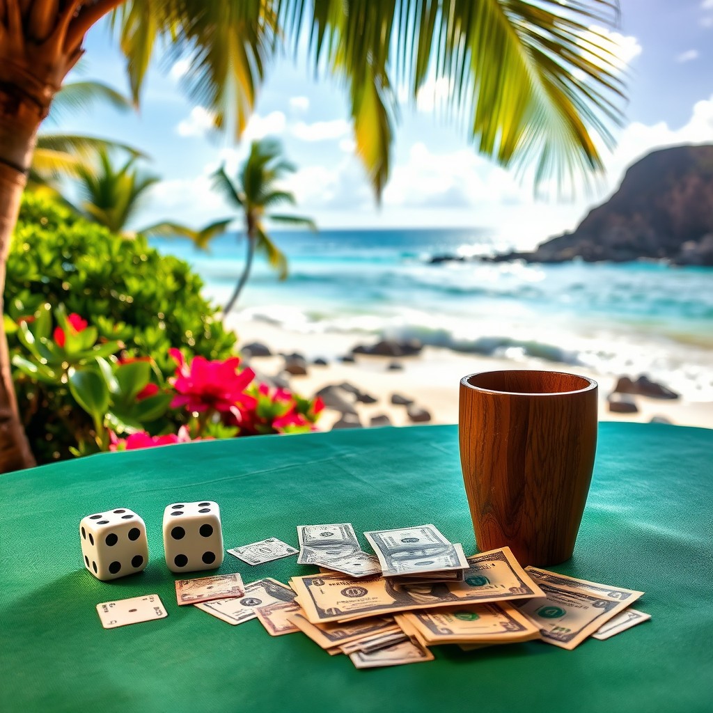 A pair of dice and a wooden cup next to scattered dollar bills on a table covered with a green tablecloth set against the backdrop of a stunning Caribbean beach