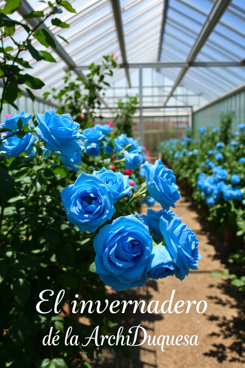 A greenhouse filled with stunning blue roses, with sunlight filtering through the crystal clear glass panes, creating a serene and enchanting atmosphere
