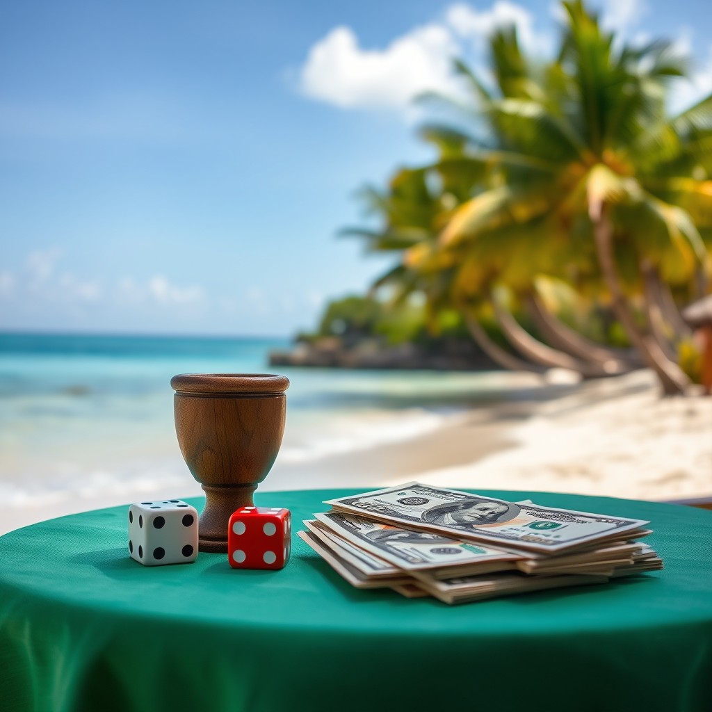 A pair of dice and a wooden cup placed next to dollar bills on a table draped with a green tablecloth, set on a beautiful Caribbean beach