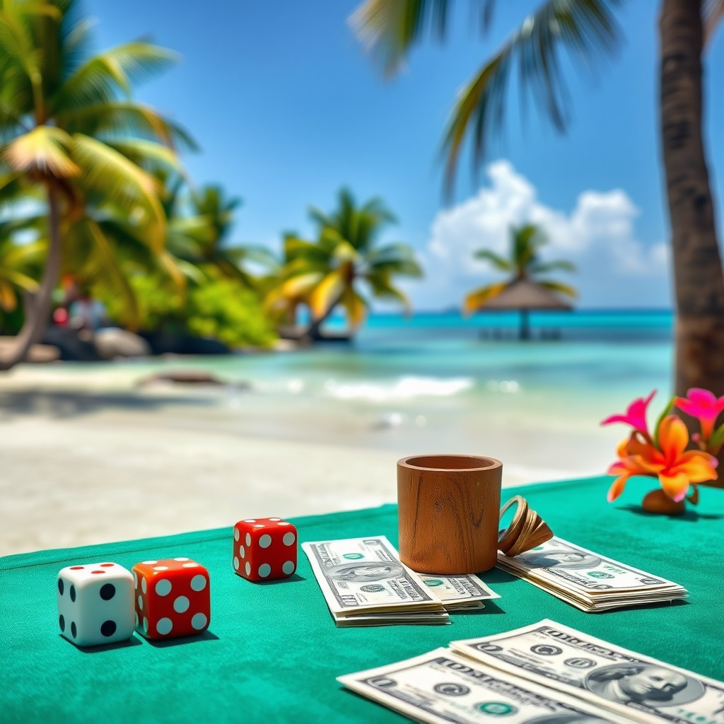 A pair of dice and a wooden cup next to neatly arranged dollar bills on a table with a green tablecloth, situated on a picturesque Caribbean beach