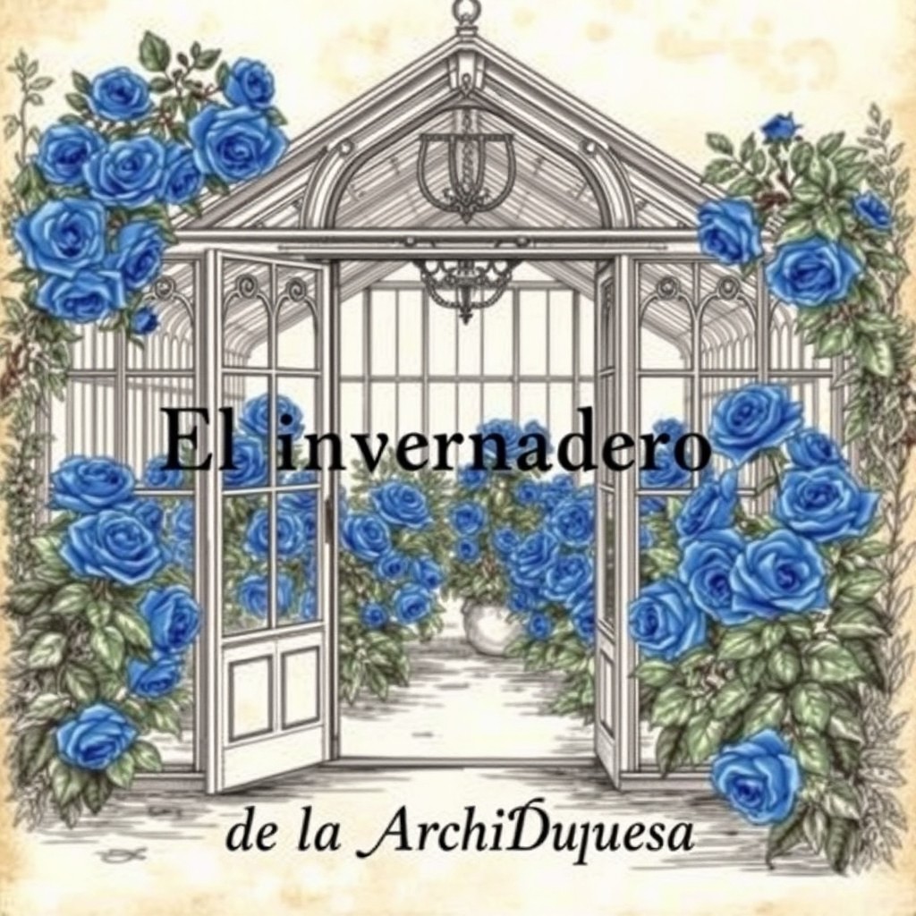 An ancient-style drawing of a greenhouse filled with beautiful blue roses, showcasing intricate details and elegant lines reminiscent of classical art