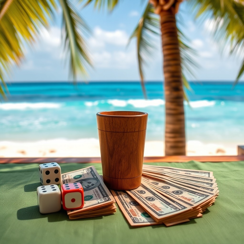 A pair of dice and a wooden cup placed alongside neatly arranged dollar bills on a table with a green tablecloth, situated right on a beautiful Caribbean beach
