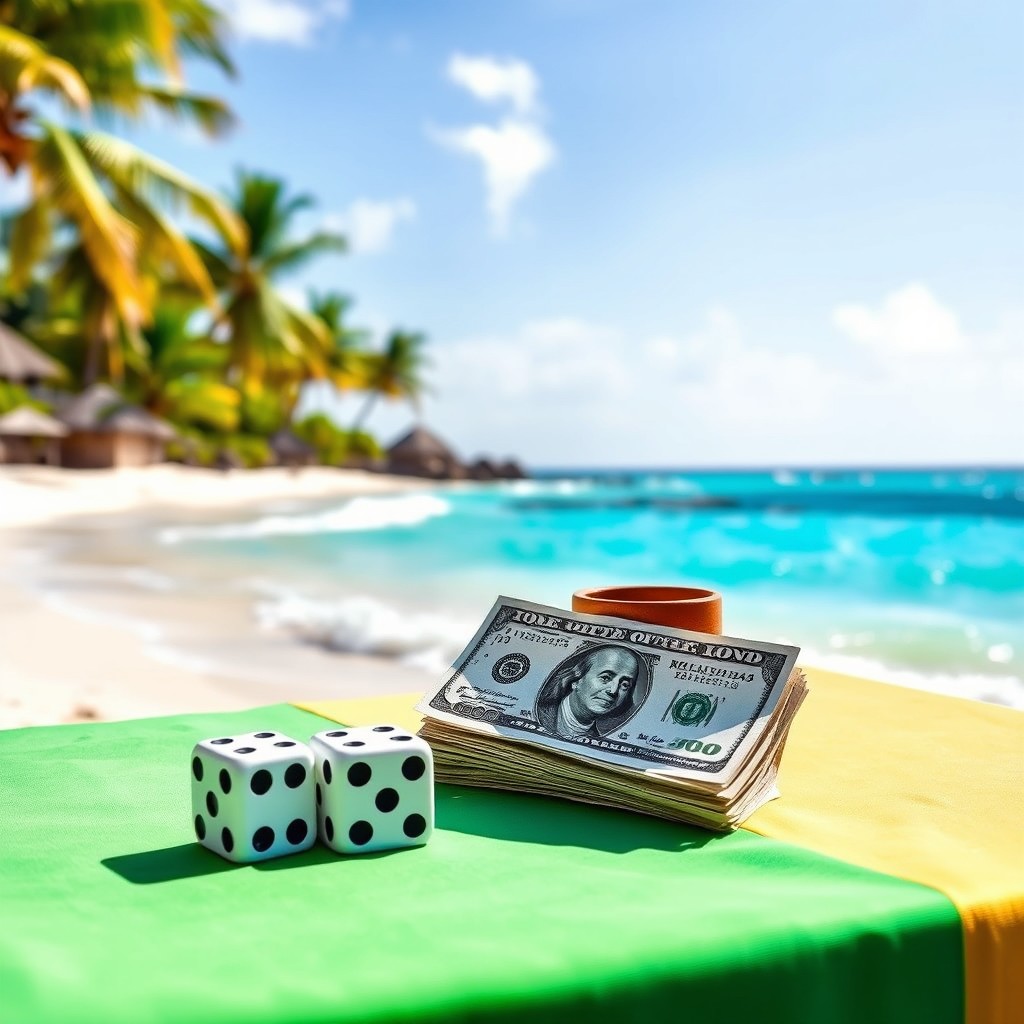 Two dice and a wooden cup placed next to a stack of dollar bills on a table covered with a green tablecloth, positioned on a stunning Caribbean beach