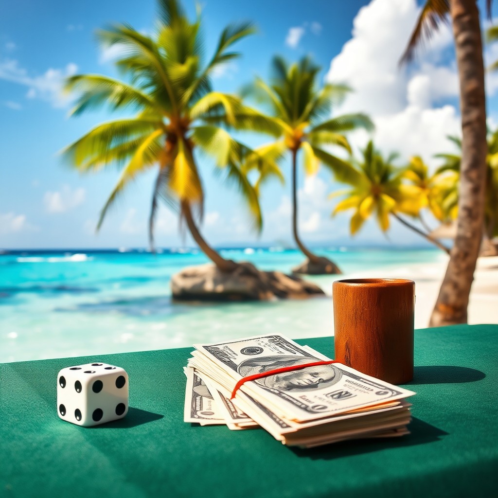Two dice and a wooden cup placed beside a stack of dollar bills on a table covered with a green tablecloth, set against the stunning backdrop of a Caribbean beach