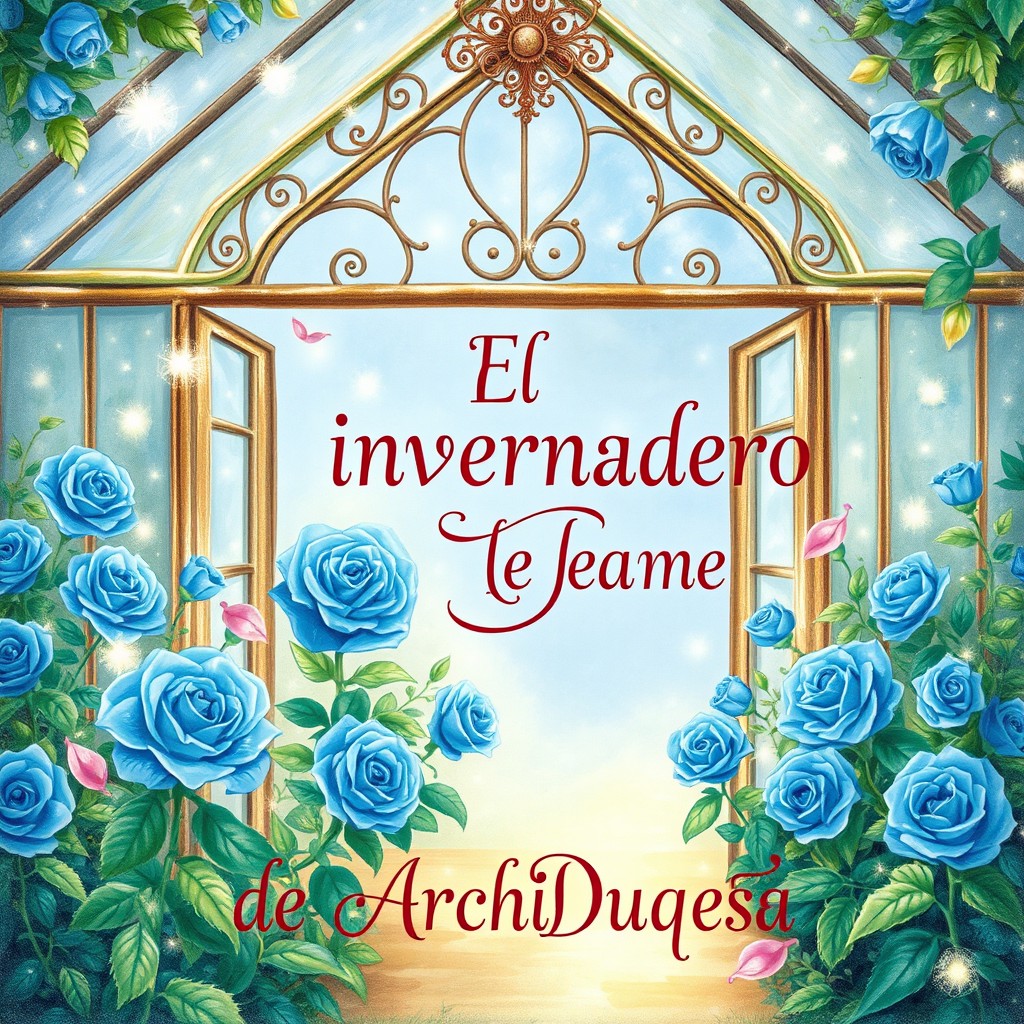 A fantasy-style drawing of a greenhouse filled with exquisite blue roses, depicted in a whimsical and magical atmosphere