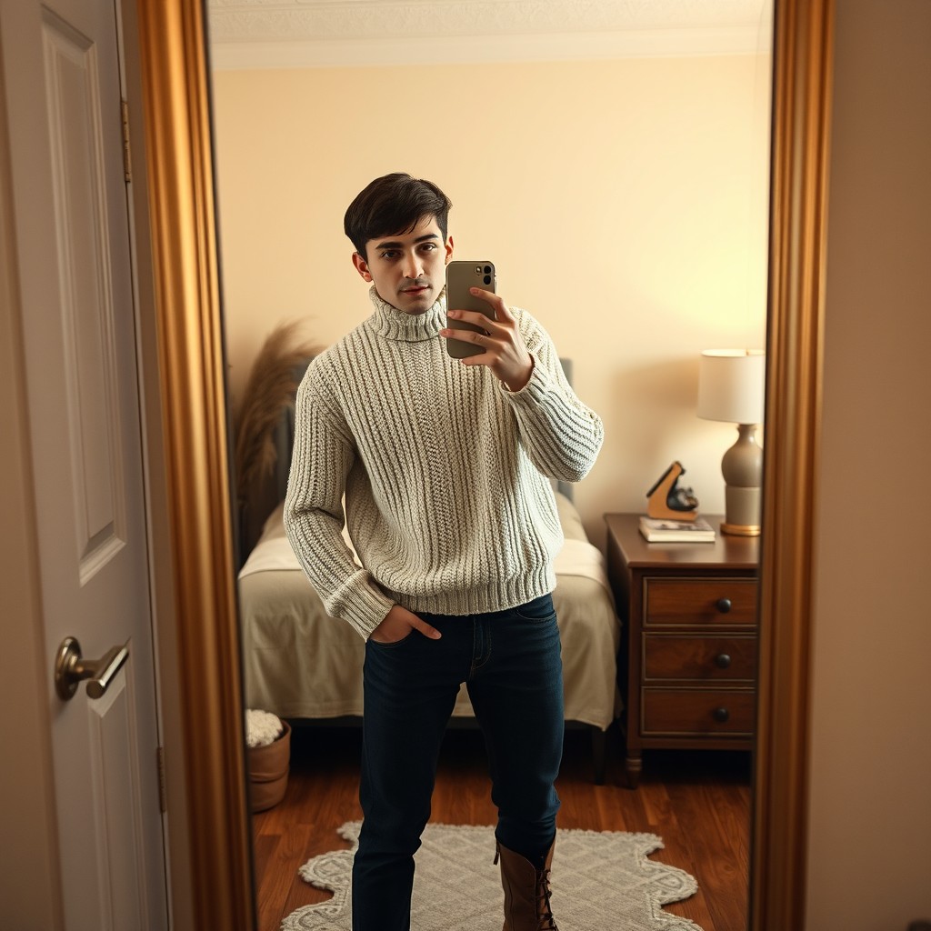 A handsome young man in his early 20s with short dark hair and hazel eyes takes a photorealistic mirror selfie in a warm and cozy bedroom