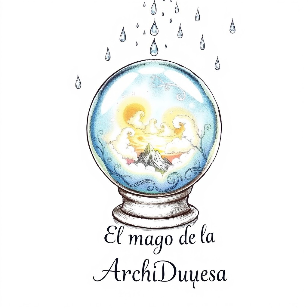 A fantasy-style drawing featuring a crystal ball adorned with delicate water droplets, set against a pure white background