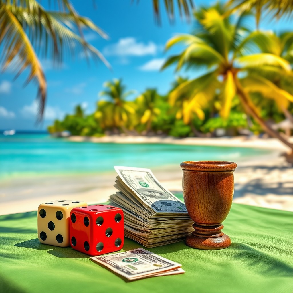 Two dice and a wooden cup sitting next to a stack of dollar bills on a table draped with a green tablecloth, all set on a picturesque Caribbean beach