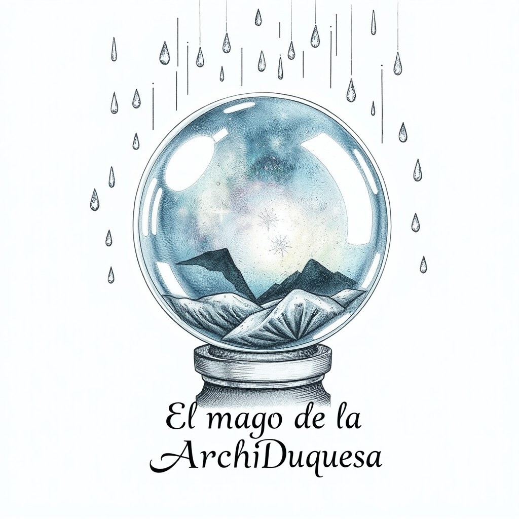 A drawing featuring a crystal ball embellished with glistening water droplets, set against a clean white background