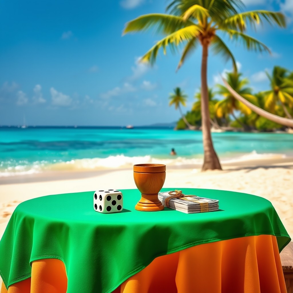 Two dice and a wooden cup placed alongside a stack of dollar bills on a table draped with a green tablecloth, situated on a beautiful Caribbean beach