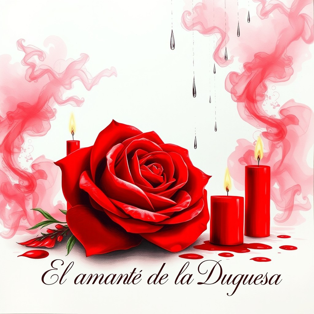A drawing featuring a white background with soft, swirling patches of pink and red smoke, creating an ethereal atmosphere