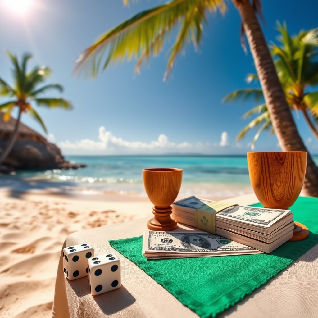 Double dice and a wooden cup placed next to a stack of dollar bills on a table draped with a green tablecloth, situated on a picturesque Caribbean beach