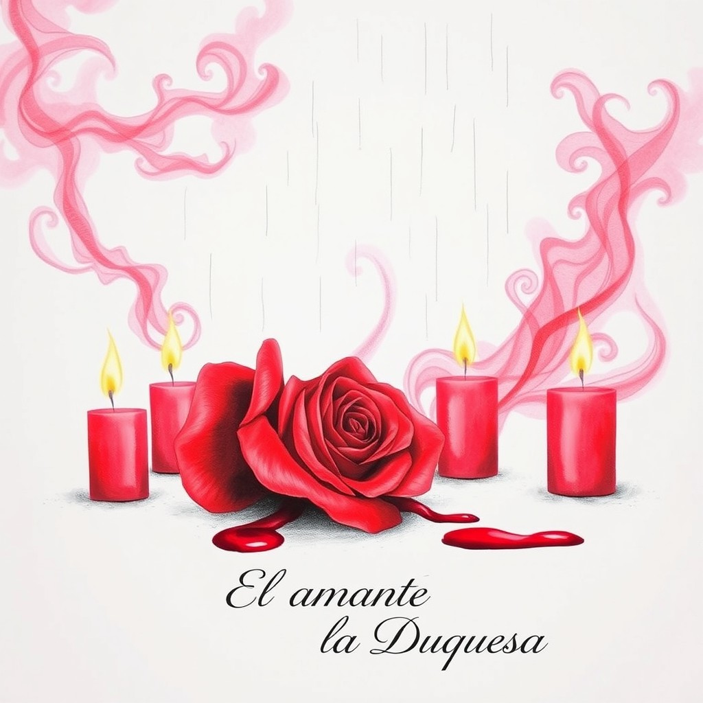 A drawing in a fantasy style featuring a white background with swirling patches of pink and red smoke, evoking a dreamlike quality