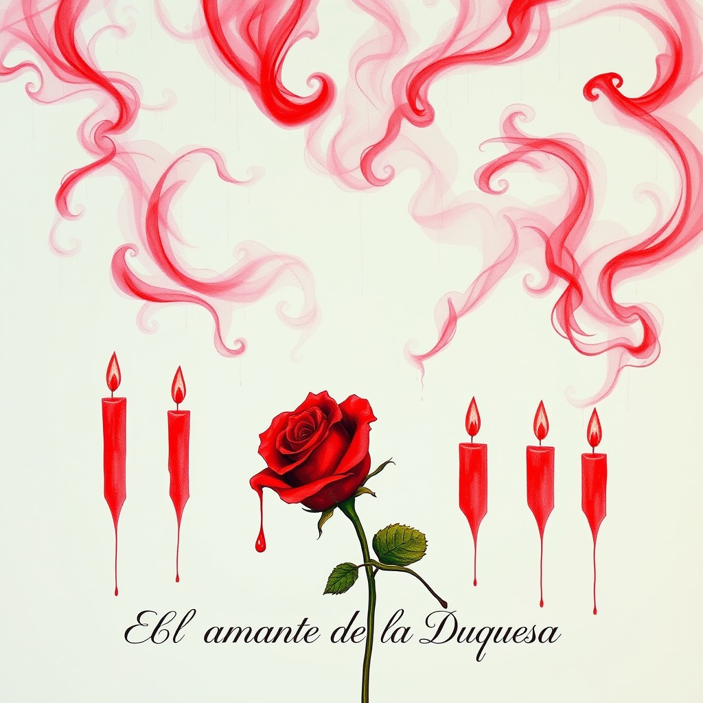 A drawing featuring a white background adorned with swirling patches of pink and red smoke, creating a captivating and dreamy atmosphere