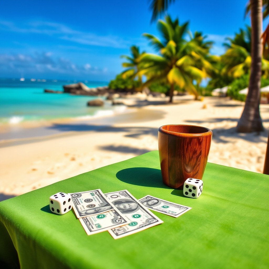 A wooden cup placed next to a pair of dice on a table adorned with a green tablecloth, set against the stunning backdrop of a Caribbean beach