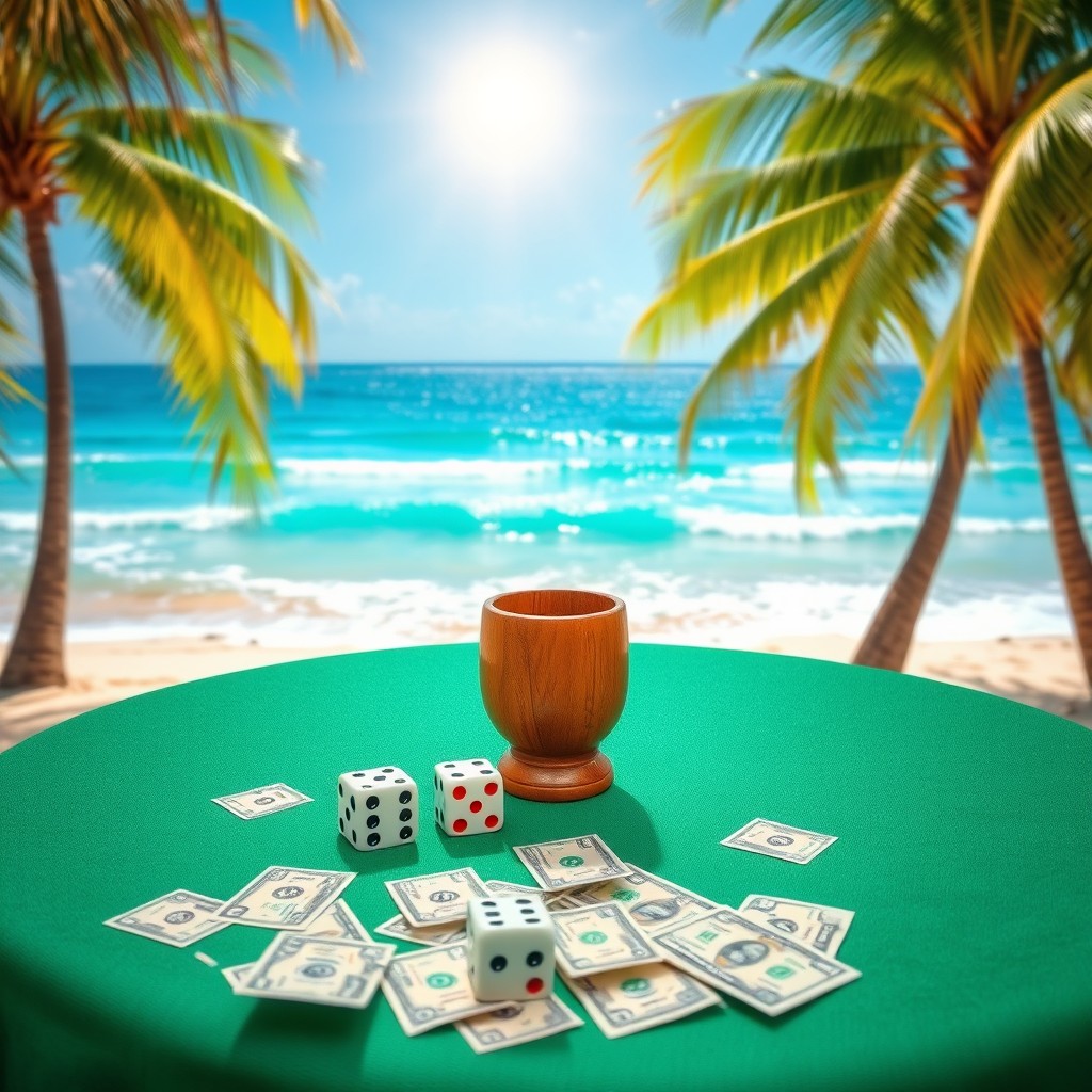 A wooden cup positioned next to a pair of dice on a table draped with a green tablecloth, beautifully set on the sandy shores of a Caribbean beach