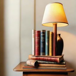 A collection of hardcover books of various colors and sizes stacked on a wooden table under the soft glow of a vintage table lamp