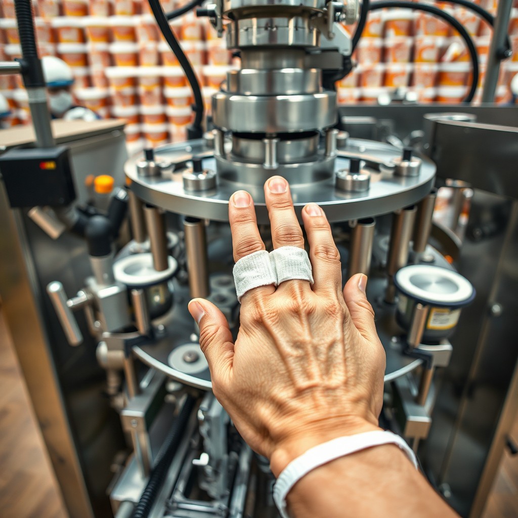 A highly detailed inspection of an ice cream packaging machine showcasing the machinery's inner workings, with a focus on the hand injury incident