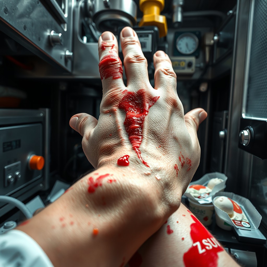 A detailed and realistic image showing a hand injury sustained in an ice cream packaging machine