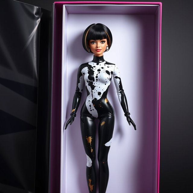 A stunning Barbie doll with short black hair adorned with golden streaks and fashionable bangs, elegantly displayed inside a full-sized Barbie collector's box