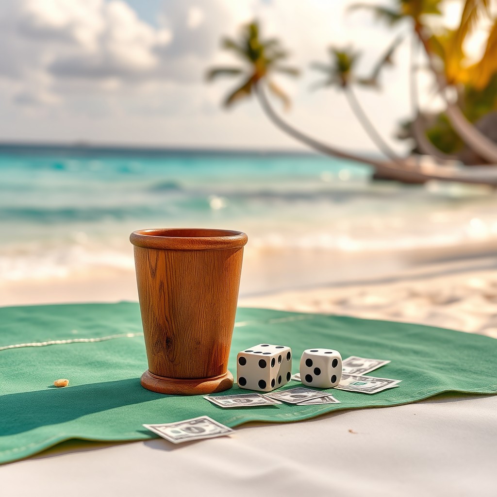 A wooden cup sitting next to a pair of dice on a table draped with a green tablecloth, beautifully positioned on the sandy shores of a Caribbean beach
